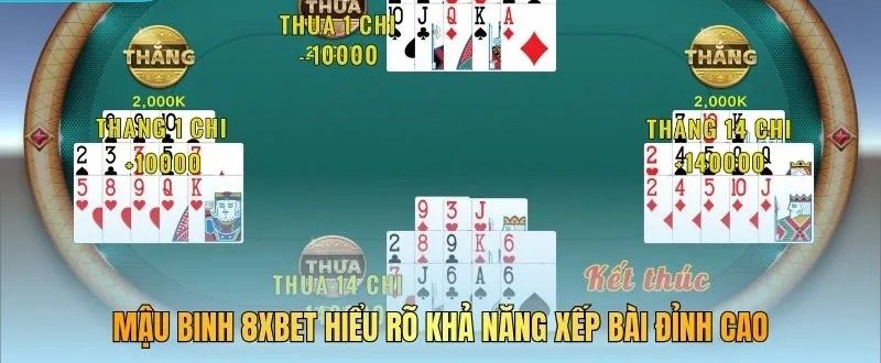 Cách xếp bài mậu binh: bàn 4 người hiển thị kết quả thắng thua từng chi