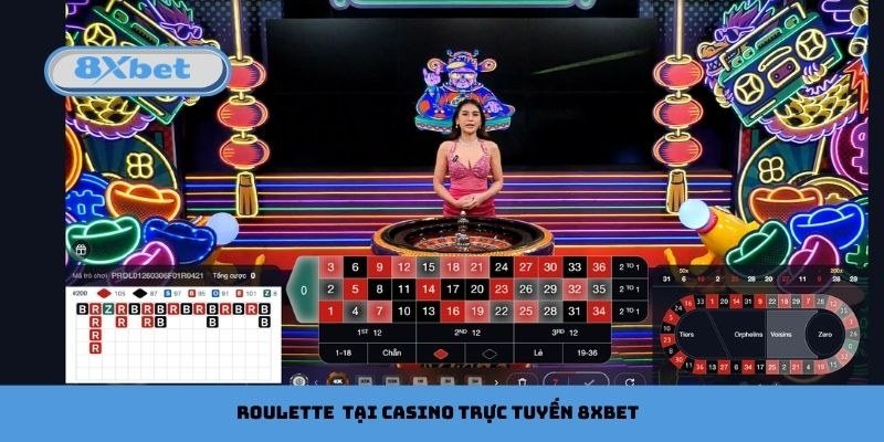 Bàn Roulette live casino với bánh xe cò quay và bảng đặt cược số