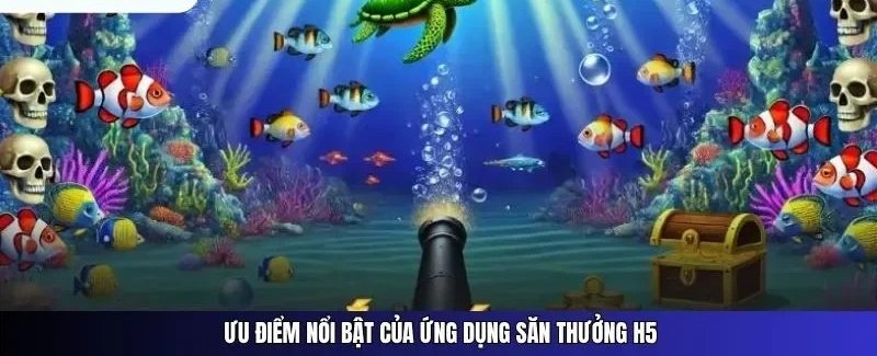 Màn hình app bắn cá h5 với rạn san hô, rùa biển và khẩu pháo