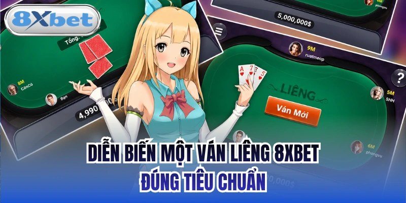 Bàn liêng trực tuyến với nút Ván mới và các người chơi đang tố bài