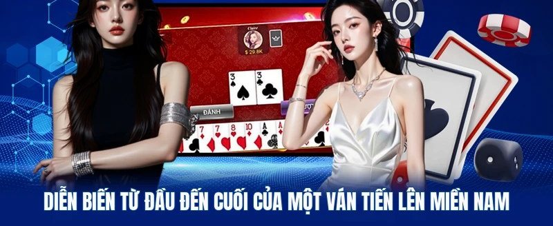 Bàn tiến lên trực tuyến với các lá bài đang đánh và lá trên tay người chơi