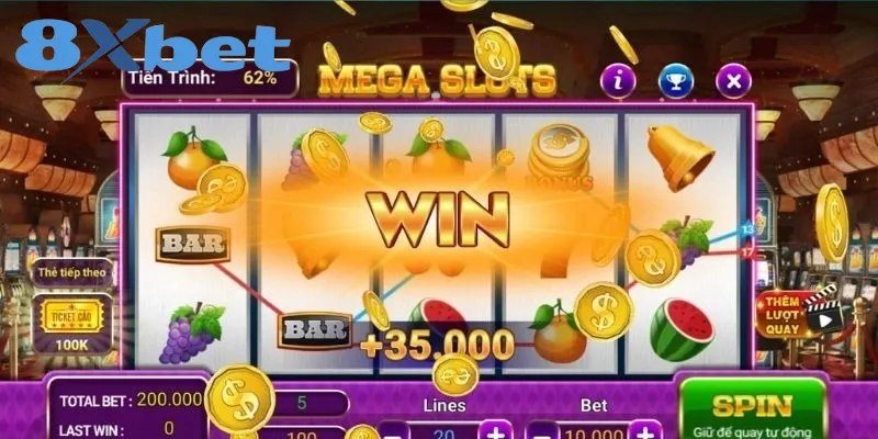 Giao diện slot game với cuộn quay, payline và nút Spin khi trúng thưởng