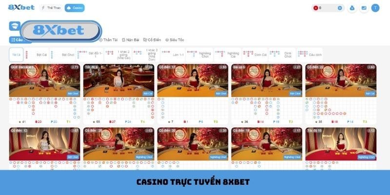 Giao diện casino trực tuyến 8Xbet với nhiều bàn Baccarat và bảng lịch sử kết quả