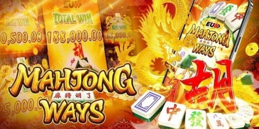 Slot mạt chược Mahjong Ways với màn hình tổng thắng và rồng vàng