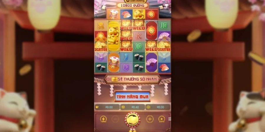 Giao diện lưới quay 6 cuộn của slot mèo may mắn với biểu tượng Wild