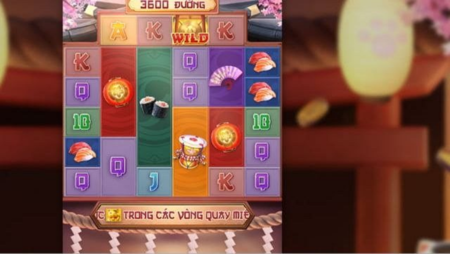 Lưới quay slot mèo may mắn với biểu tượng sushi, quạt giấy và Wild