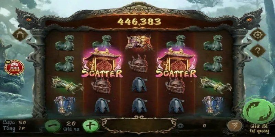 Lưới quay slot Tề Thiên với hai biểu tượng Scatter đền chùa