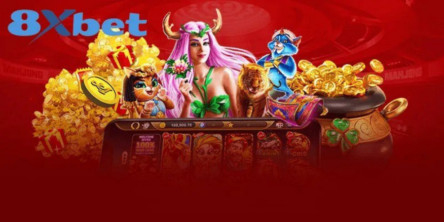 Sảnh slot chủ đề tài lộc với hũ tiền vàng và các nhân vật game nổ hũ