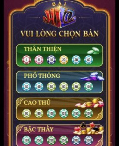 Màn hình chọn bàn trò Hi-Lo với các mức cược từ thân thiện đến bậc thầy