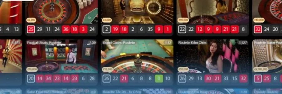 Sảnh casino trực tiếp hiển thị nhiều bàn Roulette live cùng bảng kết quả