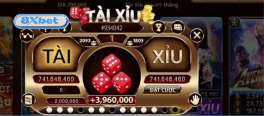Giao diện cược Tài Xỉu với ba xúc xắc đỏ và bảng tiền cược hai cửa