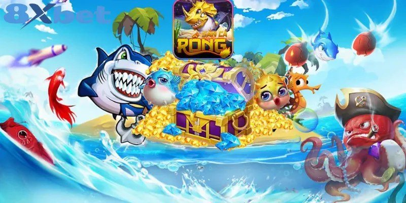 Biểu tượng game bắn cá rồng vàng cùng cá mập và kho báu trên sóng biển