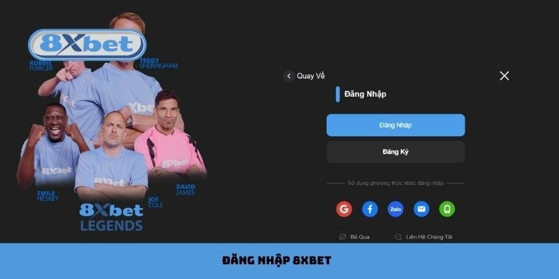 Màn hình login 8Xbet với nút Đăng nhập, Đăng ký và các huyền thoại bóng đá