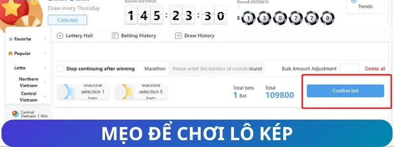 Giao diện đặt vé minh họa mẹo chơi các con số kép bằng, kép lệch, kép âm