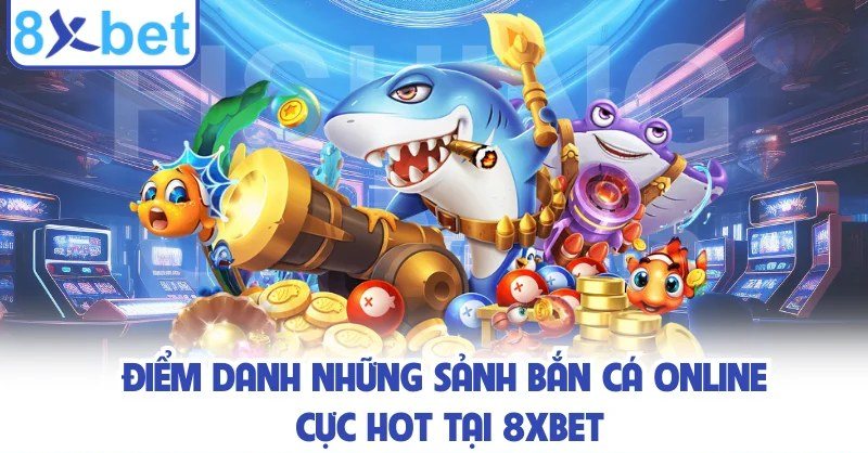 Khẩu pháo lớn và đàn cá hoạt hình giữa kho xu vàng trong sảnh bắn cá