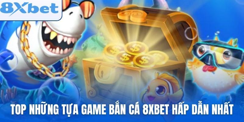 Rương vàng mở nắp cùng cá mập hoạt hình trong sảnh game bắn cá