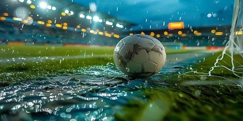 Trái bóng trên mặt sân ướt trước khung thành, minh họa khung thời gian bàn đầu